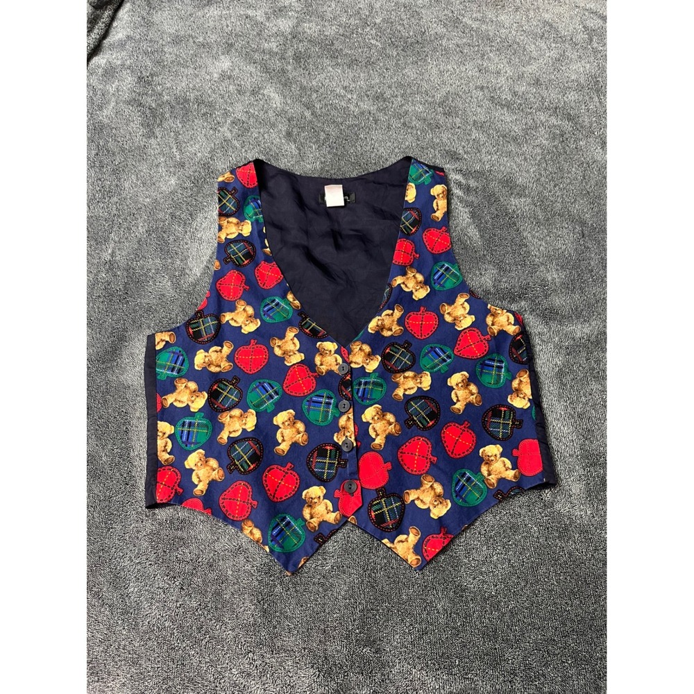 Robyn-Lyn Vintage Teddy Bear Plaid Apple Vest Womens L/XL Navy Blue Teacher Core